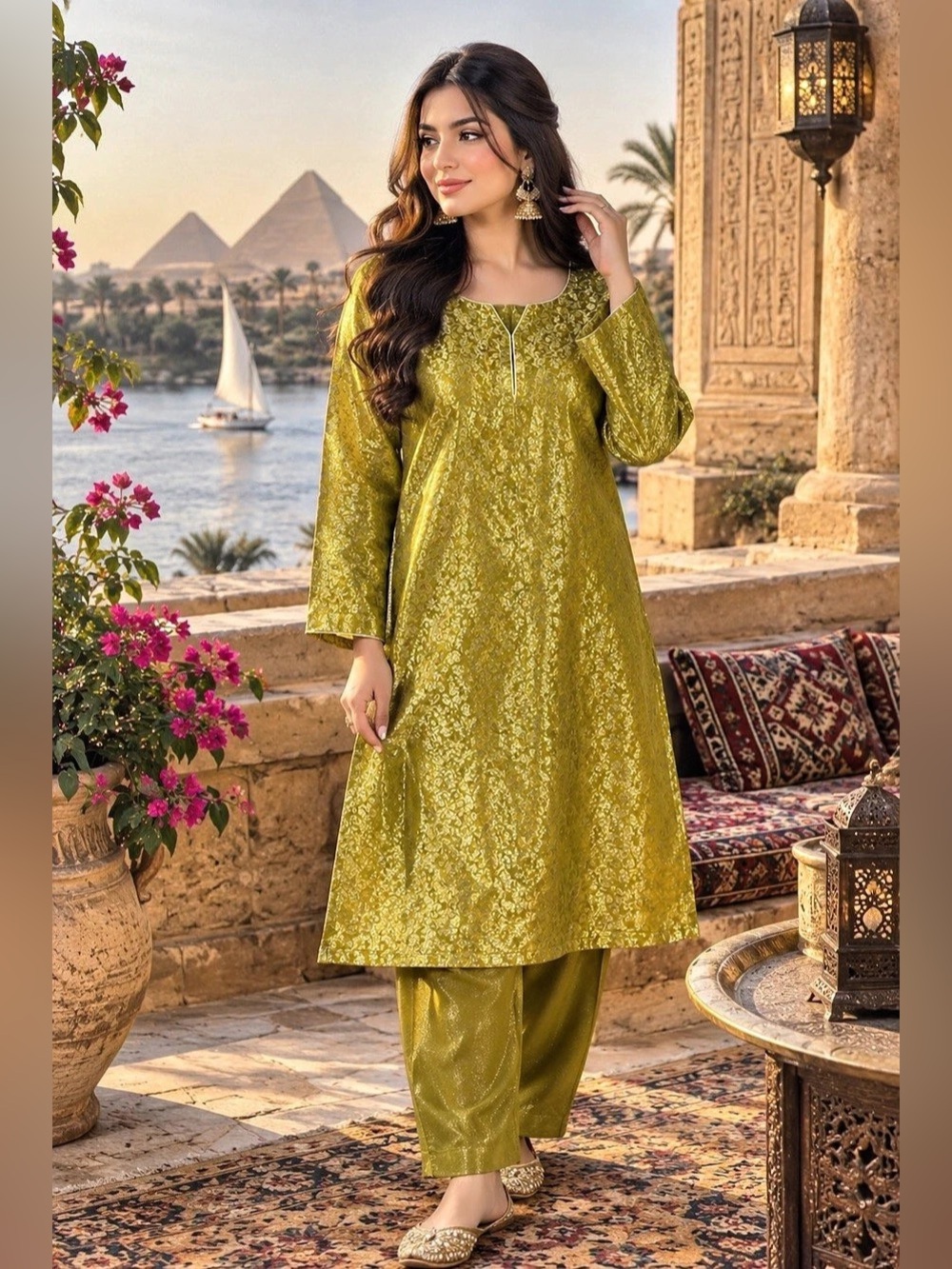 Green & Gold Floral Kurta